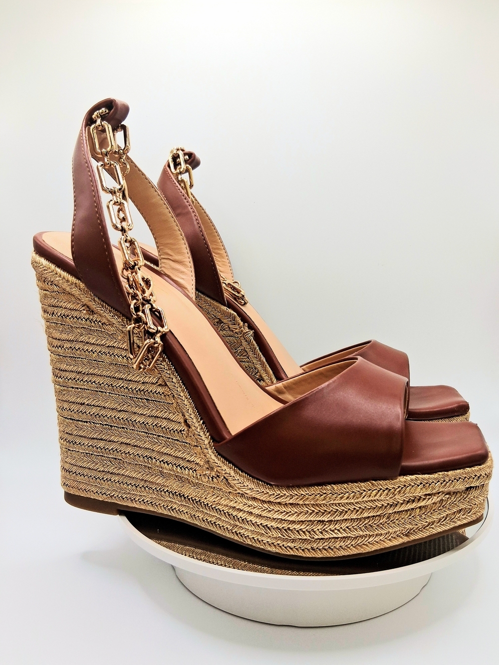 Thalia Sodi Brown Leather Espadrille Wedge Sandals with Gold Chain Strap